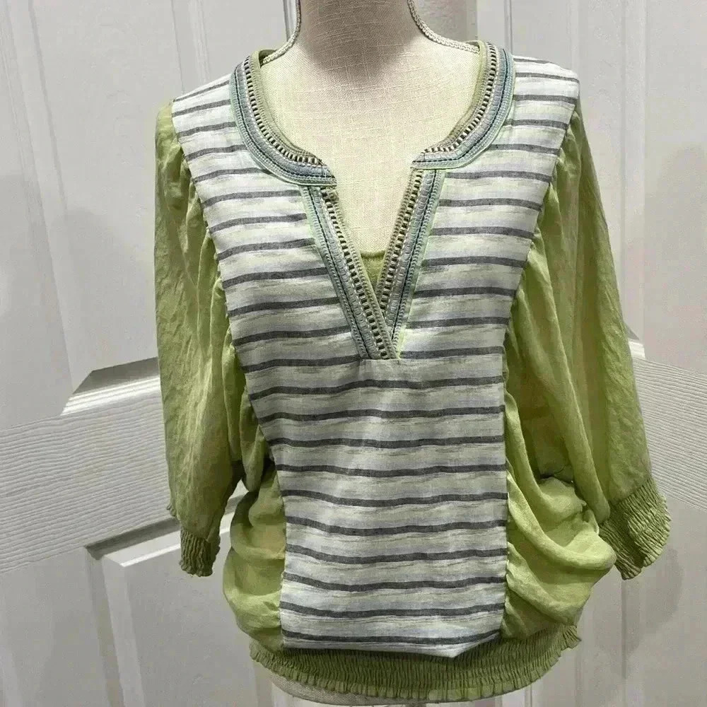 LuluMari Anthropologie butterfly sleeve v- neck polyester blouse shirt